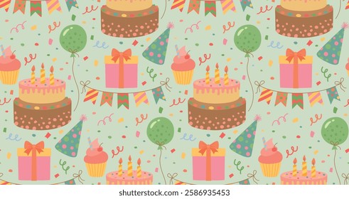 Seamless pattern with Birthday party elements. Festive background with cake, balloons, party hats, gifts, cupcakes and confetti