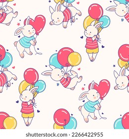 Nahtloses Muster. Geburtstagsfeier mit lustigen Ballons. Schön. Doodle Tierfiguren, lustiger Cartoon-Stil. Tapete, Fliesendesign, Geschenkpapier, Stoff.