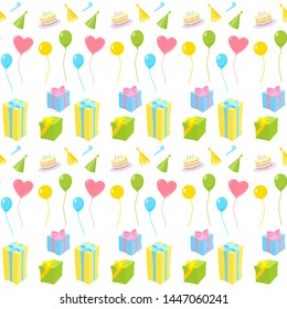 Seamless pattern. Birthday party. Gift boxes, balloons, birthday hat, cake with candles. Vector cartoon flat style illustration isolated on white background.