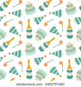 Seamless pattern with birthday party hat, cake, bottle of champagne in cute doodle style. Childish design with holiday clipart for wrapping paper, print, fabric, scrapbook. Bright festive background.