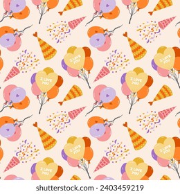 Seamless pattern with birthday party hat, balloon, confetti in cute doodle style. Childish design with holiday clipart for wrapping paper, print, fabric, scrapbook. Bright festive background for kids