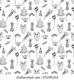 seamless pattern of birthday party icons using doodle art white background