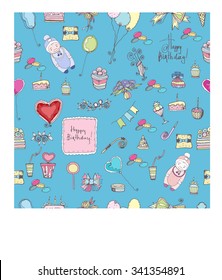 Seamless pattern with Birthday Party vector  elements  for celebration design on blue background.