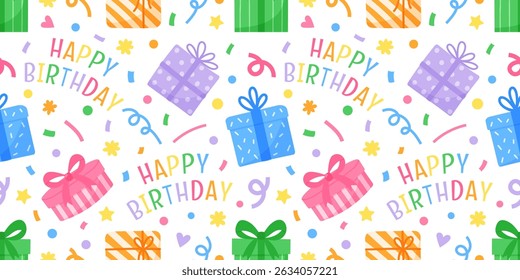 Seamless pattern with birthday presents, confetti, and happy birthday text. Flat hand drawn vector illustration