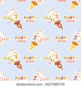 Modelo inconsútil con la etiqueta engomada del cumpleaños, clapper con el confeti y las serpentinas. Cumpleaños, fiesta, celebración, celebración, felicitaciones, invitación. Ilustración vectorial.