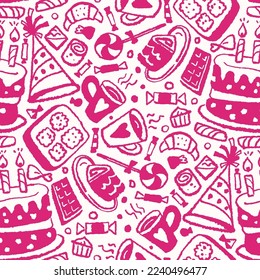 Seamless pattern with birthday sweets. Vector illustration in doodle style.