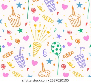Seamless pattern with Birthday symbols. Colorful festive vector background in naive style. Party popper, balloons, cake and confetti. Pattern for Happy Birthday design, packaging, printing. Hand drawn