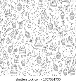 Seamless Pattern For Birthday Theme Created From Hand Drawn Doodles On White Background. Wrapping Paper, Textile Print, Wallpaper, Etc. EPS 10