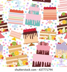 Seamless pattern Birthday, valentine's day, wedding, engagement. Set sweet cake, Cake Stand, fresh fruits berries, chocolate icing sprinkles, cake pops, pastel colors on white background. Vector