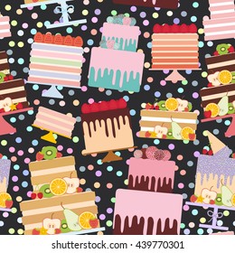 Seamless pattern Birthday, valentine's day, wedding, engagement. Set sweet cake, Cake Stand, fresh fruits berries, chocolate icing sprinkles, cake pops, pastel colors on black background. Vector