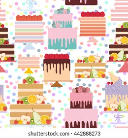 Seamless pattern Birthday, valentine's day, wedding, engagement. Set sweet cake, Cake Stand, fresh fruits berries, chocolate icing sprinkles, cake pops, pastel colors on white background. Vector