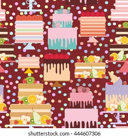 Seamless pattern Birthday, valentine's day, wedding, engagement. Set sweet cake, Cake Stand, fresh fruits berries, chocolate icing sprinkles, cake pops, pastel colors on brown background. Vector