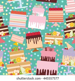 Seamless pattern Birthday, valentine's day, wedding, engagement. Set sweet cake, Cake Stand, fresh fruits berries, chocolate icing sprinkles, cake pops, pastel colors on aqua blue background. Vector