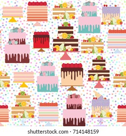 Seamless pattern Birthday, valentines day, wedding, engagement. Set sweet cake, Cake Stand, fresh fruits berries, chocolate icing sprinkles, cake pops, pastel colors on white background. Vector 