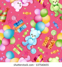 Seamless pattern for birthdays with ballons and teddy bears