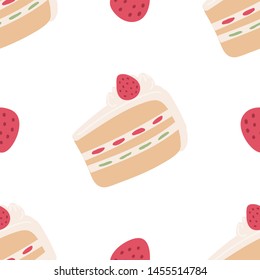 Seamless pattern with biscuit cakes and strawberries. 
