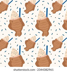 Pescado de galleta sin foco con crema, rociado y paja. Ilustración vectorial Patrón infinito de helados de Taiyaki. Tapa de diseño, tarjeta, postales, banner, patrón de tela, papel de envoltura, papel tapiz.