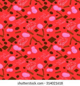seamless pattern of biscuits pasta, chocolate, cinnamon and coffee