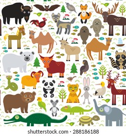 seamless pattern bison bat fox wolf elk horse cock camel partridge seal Walrus goats Polar bear Eagle bull raccoon snake sheep panda leopard Brown bear deer gannet Crocodile turtle elephant. Vector