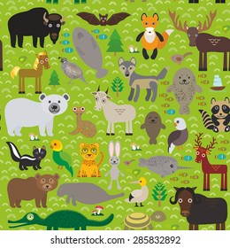 seamless pattern bison bat manatee fox elk horse wolf partridge seal bear Pit viper snake Mountain goat raccoon Eagle skunk parakeet Jaguar hare narwhal elk Grizzly gannet Muskox alligator. Vector