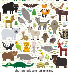 seamless pattern bison bat manatee fox elk horse wolf partridge seal bear Pit viper snake Mountain goat raccoon Eagle skunk parakeet Jaguar hare narwhal elk Grizzly gannet Muskox alligator. Vector