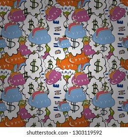 Seamless pattern with bitcoin and dollars on white and blue background. Vector illustration. Seamless business pattern. Use for logos, print products.