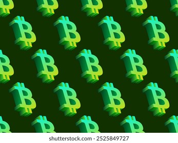 Patrón sin fisuras con símbolo de bitcoin en estilo 3D. Símbolo de bitcoin degradado en estilo isométrico. Criptomonedas, comercio de criptomonedas. Diseño para Fondos de pantalla, fundas, envoltorios y Anuncios. Ilustración vectorial