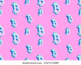 Seamless pattern with bitcoin symbol in 3D style. Gradient bitcoin symbol in isometric style. Cryptocurrency, crypto trading. Design for wallpapers, covers, wrappers and banners. Vector illustration