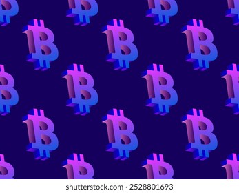 Seamless pattern with bitcoin symbol in 3D style. Gradient bitcoin symbol in isometric style. Cryptocurrency, crypto trading. Design for wallpapers, covers, wrappers and banners. Vector illustration