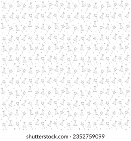 Seamless pattern bitrhday party in cartoon style isolated on white background.  Star shape magic accessory. Magic  background for design of fabric, packaging,  phone case, wrapping paper.  vector 