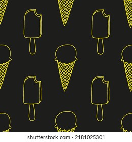 Seamless pattern with bitten popsicle and ice cream in waffle cup. Neon background of ice cream on a stick and in waffle cup.