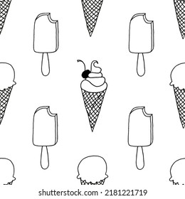Seamless pattern with bitten popsicle and ice cream in waffle cup with cherry. Background of ice cream on a stick and in waffle cup.