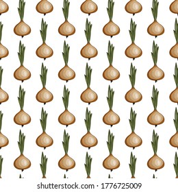 Patrón sin brillo con una amarga cebolla dorada sobre fondo blanco. Veranos vegetales. Cama de cebolla fresca y natural. Ilustración vectorial para embalajes, tarjetas y otros diseños. El concepto de ecología alimentaria.
