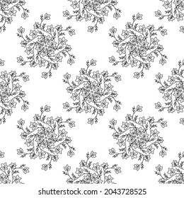 Seamless pattern with bitter herbs Calumba in sketch style. Jateorhiza palmata, elements and flowers, leaves and berries. Hand drawn doodle illustration.