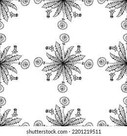 Seamless pattern with bitter herbs Common dandelion in sketch style. Taraxacum officinale, elements and flowers, leaves and berries. Hand drawn doodle illustration.