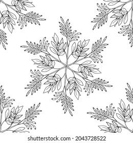 Seamless pattern with bitter herbs Quassia amara in sketch style. Bitter-wood, or amargo, bitter-ash, hombre grande, elements and flowers, leaves and berries. Hand drawn doodle illustration.