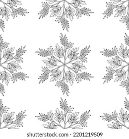 Seamless pattern with bitter herbs Quassia amara in sketch style. Bitter-wood, or amargo, bitter-ash, hombre grande, elements and flowers, leaves and berries. Hand drawn doodle illustration.