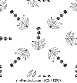 Seamless pattern with bitter herbs Yellow gentian in sketch style. Gentiana lutea, elements and flowers, leaves and berries. Hand drawn doodle illustration.