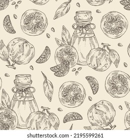 Seamless Pattern With Bitter Orange: Bigaradia Fruit, Leaves, Bitter Orange Slice And Bottle Of Bigaradia Essential Oil. Citrus Aurantium. Cosmetic, Perfumery And Medical Plant