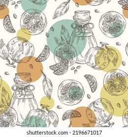 Seamless Pattern With Bitter Orange: Bigaradia Fruit, Leaves, Bitter Orange Slice And Bottle Of Bigaradia Essential Oil. Citrus Aurantium. Cosmetic, Perfumery And Medical Plant