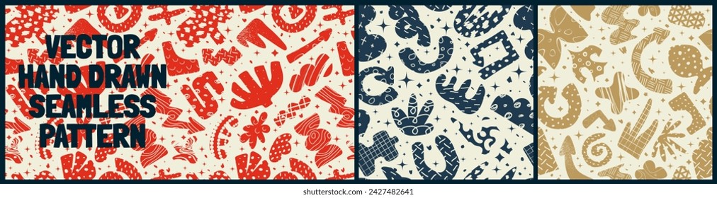 Seamless pattern with bizarre abstract geometric unusual shapes and forms with different textures in matisse style, Vector hand drawn naive wall art