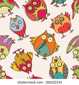 Seamless pattern with bizarre multicolor owls and birds