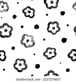 Seamless pattern with black abstract dots and flowers. Watercolor hand-drawn blots on white background. Vector. Good for fabric, wallpaper, wrapping paper, covers and cards.