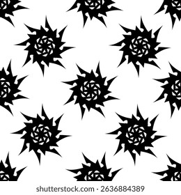 
Seamless pattern with black abstract figures resembling stars on a white background. Vector illustration resembling an abstract ornament, for decorating prints on fabrics, packaging 