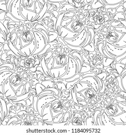 Seamless pattern with black abstract flowers on white background