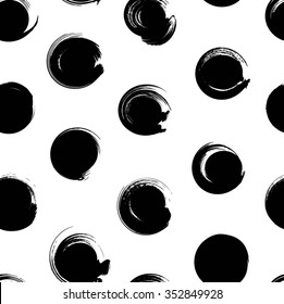Seamless pattern from black abstract handdrawn ink circles realistic on a white background
