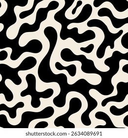 Padrão contínuo com formas orgânicas de silhueta abstrata preta. Plano de fundo vetorial em estilo boho minimalista. Formas distorcidas de líquido ondulado
