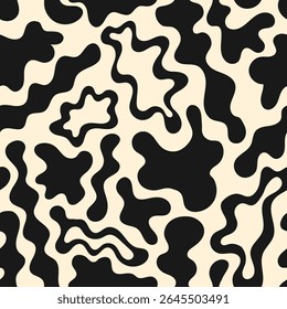 Nahtloses Muster mit schwarzen abstrakten Silhouette organischen Formen. Vektor, flacher Hintergrund im groovigen Retro-Stil der 1970er Jahre. Wellenförmige, flüssigkeitsverzerrte Formen