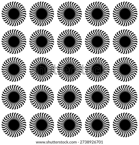 Seamless pattern of black abstract sunburst icons on white background. Optical illusion vector illustration with wavy rays, perfect for hypnotic textures and creative graphic design projects.