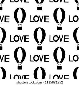 Seamless pattern with black Air Balloons icons and words Love on the white background. Vector illustration